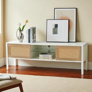 54.33" Rattan TV Stand with Sliding Doors, Adjustable Shelf, Metal Legs, Storage Cabinets, Modern TV Console for Living Room or Office - 1 of 4