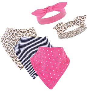 Hudson Baby Infant Girl Cotton Bib and Headband Set 5pk, Leopard, One Size - 1 of 1