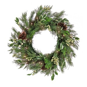 28" Prelit Mixed Branch Christmas Wreath with Pinecones, Holly and Berries Warm White Lights - National Tree Company - 1 of 3