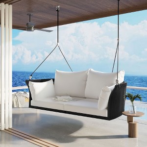 Osparple 2-Seat Rattan Woven Swing Chair,Hanging Porch Swing with Ropes,Cushion and 2 Pillow for Patio Bedroom Porch Garden - 1 of 4