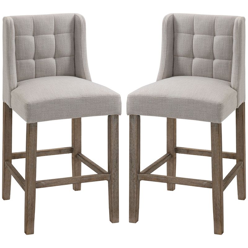 HOMCOM Bar Stools, Tufted Upholstered Barstools, Pub Chairs with Back, Rubber Wood Legs for Kitchen, Dinning Room, Set of 2, 4 of 7
