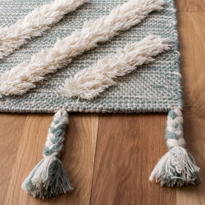 Ivory and Aqua Hand-Knotted Wool Rectangle Rug with Fringe