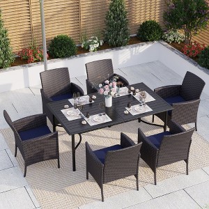Captiva Designs 7pc Patio Slatted Top Steel Dining Table with Umbrella Hole & Cushioned Armrest Rattan Chairs - 1 of 4