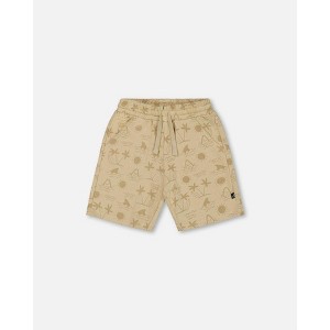 Deux par Deux Boy Printed French Terry Short Beige with Palm Trees - 1 of 4