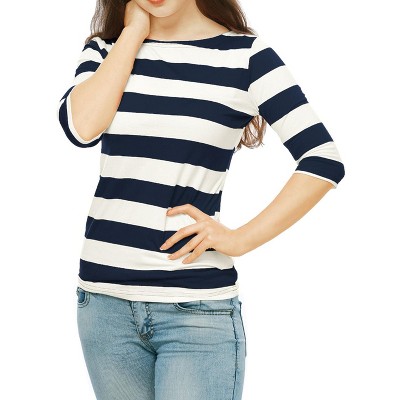 INSPIRE CHIC Women's Stripes Casual Basic Elbow Sleeves Boat Neck Slim Fit T-Shirts
