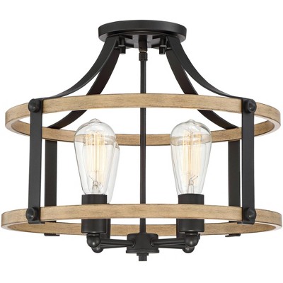 Franklin Iron Works Rustic Farmhouse Ceiling Light Semi Flush Mount Fixture Faux Wood Black 18" Wide 4-Light for Bedroom Kitchen