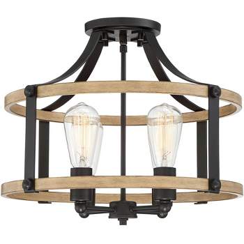 Franklin Iron Works Buford Rustic Farmhouse Ceiling Light Semi Flush Mount Fixture 18" Wide Faux Wood Black 4-Light for Bedroom Kitchen Living Room