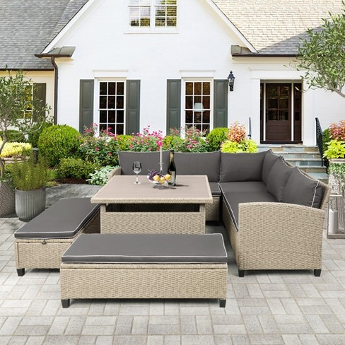 6 piece Outdoor Patio Wicker Rattan Sectional Sofa With Table And