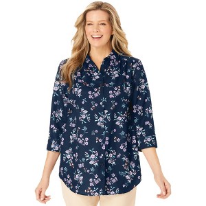 Woman Within Plus Size Three-Quarter Sleeve Peachskin Button Front Shirt - 1 of 4