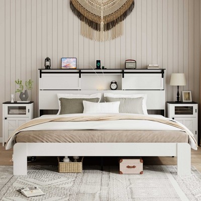 BDELITE King size bed, metal bed frame with charging station, no need for box spring-86.65*77.32*46.18 Inch, White