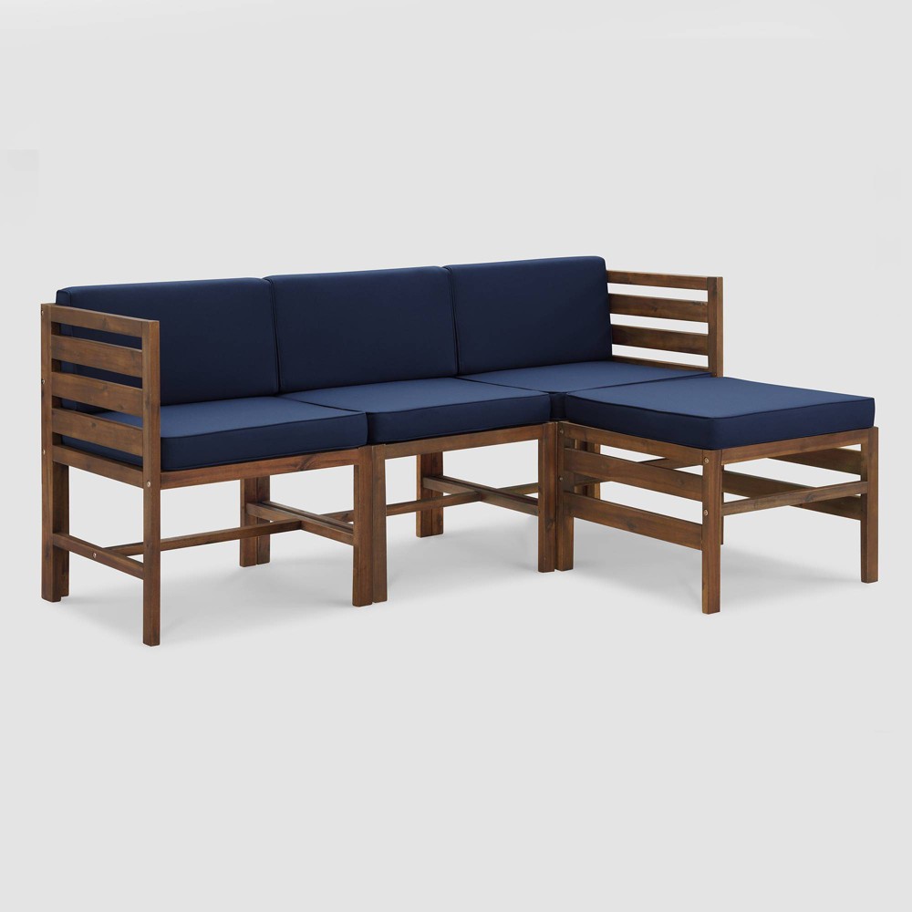 4pc Outdoor Modular Acacia Set with Ottoman – Dark Brown/Navy – Saracina Home For Sale