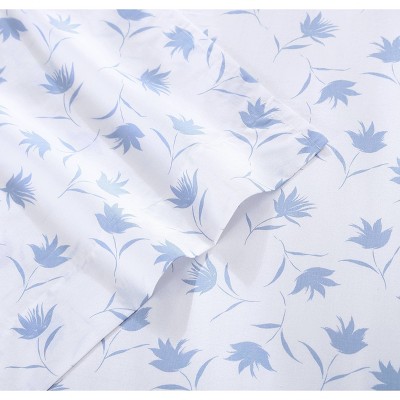 King Blue Floral Cotton Percale Sheet Set
