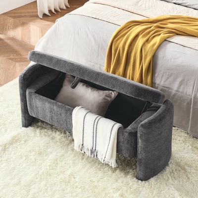 Gray Chenille Fabric Oval Storage Ottoman Bench for Living Room and Bedroom