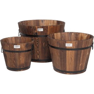 VINGLI 3 PCS Large Wooden Planter Barrel Set, 11.5"(Dia)- 18"(Dia) Real Wood Indoor/Outdoor Flower Pot - 1 of 4