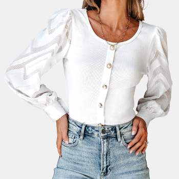 Women's Contrast Mesh Button-Front Puff Sleeve Top - Cupshe
