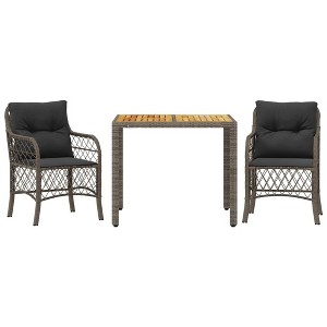 vidaXL 3 Piece Bistro Set with Cushions - Gray Poly Rattan Outdoor Patio Seating, Square Acacia Wood Table - 1 of 4