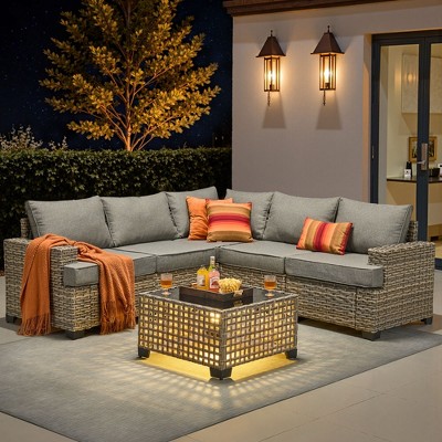 XIZZI All-Weather Rattan Furniture, Sectional Sets w/ Optional Solar Light-Up Coffee Table & Ottoman, Choose 6-9pc Configs in 8 Fade Resistant Colors