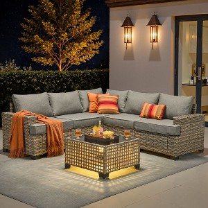 XIZZI All-Weather Rattan Furniture, Sectional Sets w/ Optional Solar Light-Up Coffee Table & Ottoman, Choose 6-9pc Configs in 8 Fade Resistant Colors - 1 of 4