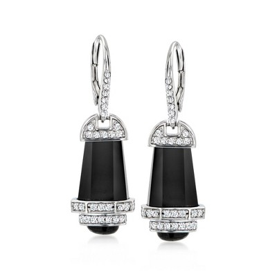 Ross-Simons Black Agate and .70 ct. t.w. White Topaz Drop Earrings in Sterling Silver