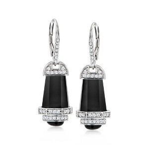 Ross-Simons Black Agate and .70 ct. t.w. White Topaz Drop Earrings in Sterling Silver - 1 of 4