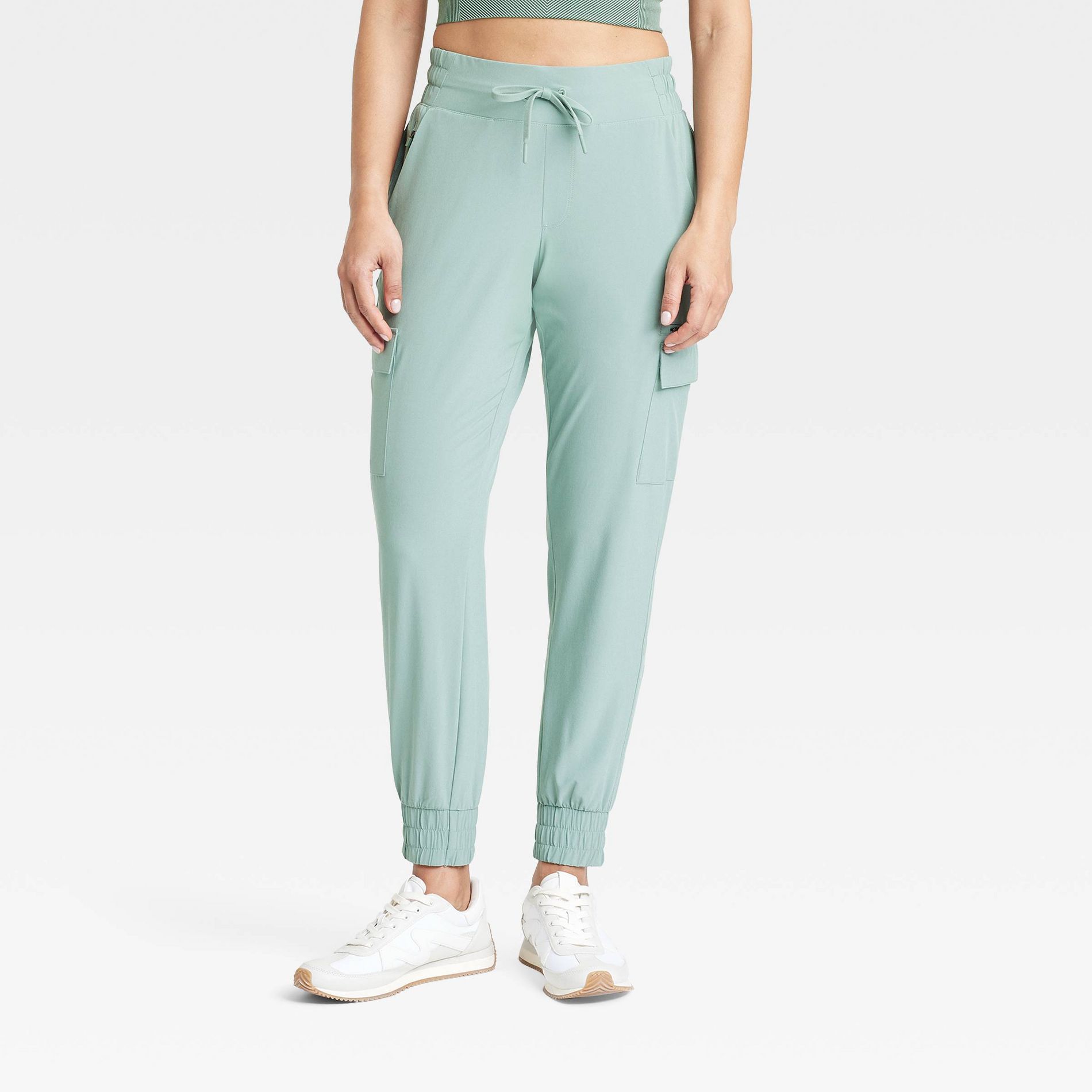 Women's Active Light Mid-Rise Cargo Joggers - All In Motion™ Sage Green M: Moisture Wicking, Quick Dry, 4-Way Stretch, UPF 50+