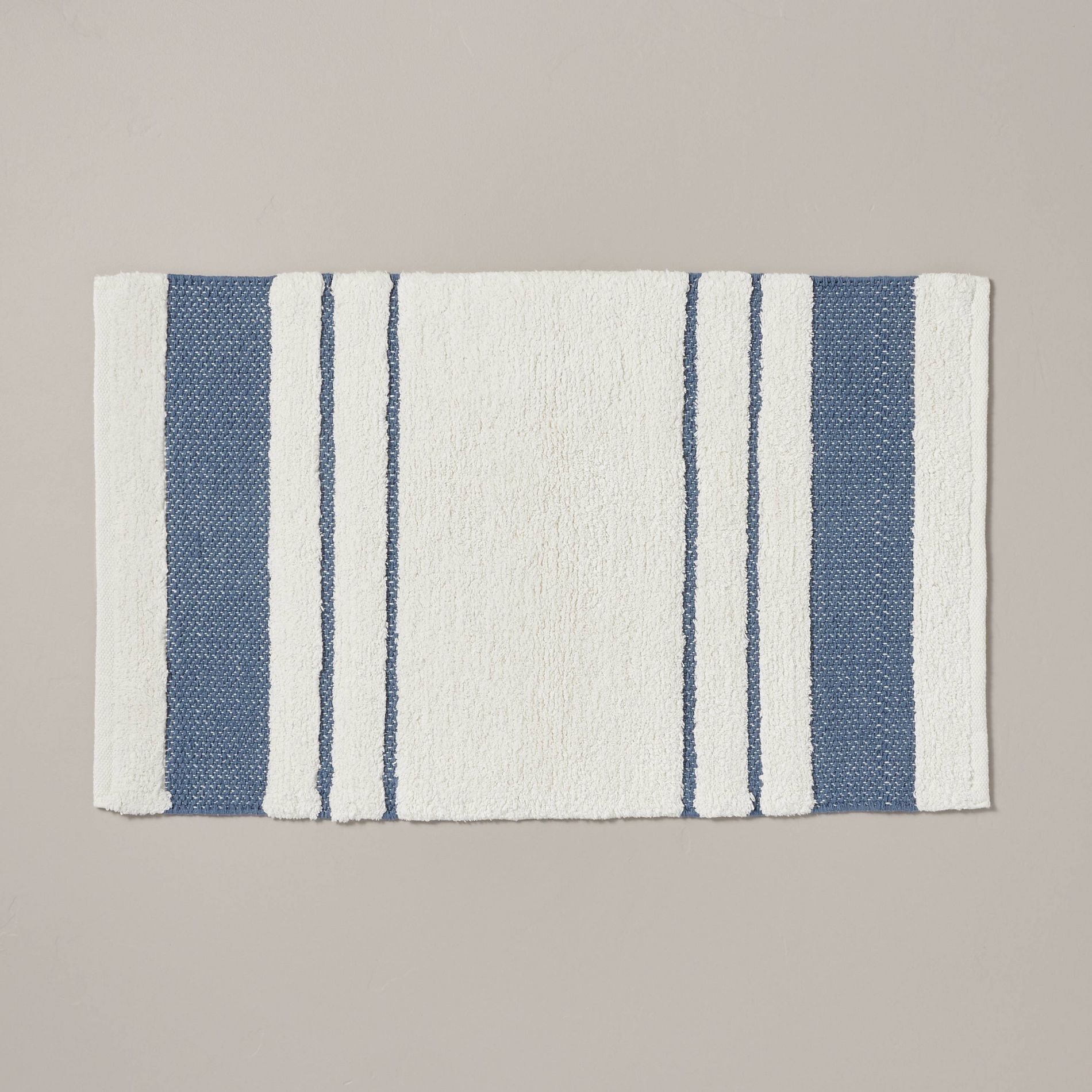 20"x32" Border Stripe Bath Rug Cream/Blue - Hearth & Hand™ with Magnolia: Cotton Woven, Handmade, Lightweight Bath Mat