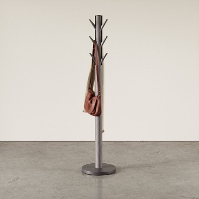 Gray Rubberwood Modern Freestanding Coat Rack with 9 Hooks
