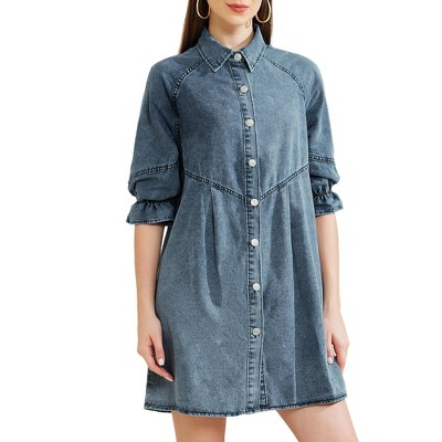 Allegra K Women's Elbow Sleeve Babydoll Mini Jean Shirt Dresses