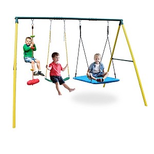 Swing Sets For Backyard, 3 In 1 Heavy Duty Metal Swing Sets With 2 Swings, Climbing Rope, Steel A-frame Metal Stand Sets For Kids Playground - 1 of 4