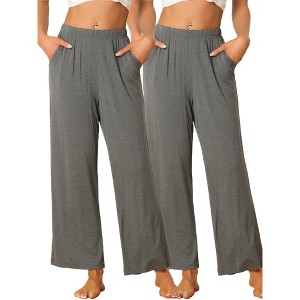 cheibear Women's Cotton Elastic Waist Straight Wide Leg Long Pants with Pocket 2 Pack - 1 of 4