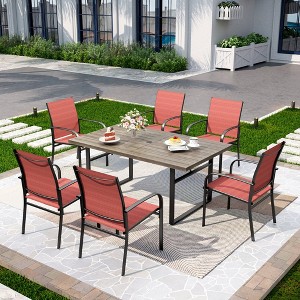 Captiva Designs 7pc Patio Dining Set Wood-look Rectangle Table with Umbrella Hole & Sling Fixed Chairs - 1 of 4