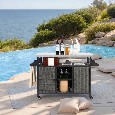 Outdoor Kitchen Wicker Storage Cabinet,Large Bar Cart With Wheels And Stainless Steel Tabletop For Patio Garden Dining Room-Coolbibila