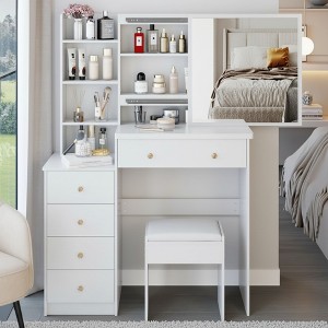 FONTOI 29.2"W/37"W/41"W Makeup Vanity Table with Left Drawer Stool Large Sliding Mirror Capacity Storage for Bedroom Dressing Room, White/Black - 1 of 4