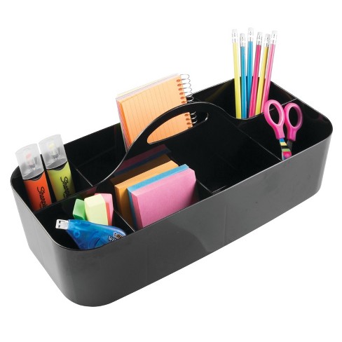 mDesign Large Plastic Divided Office Organizer Caddy Tote with Handle -  Black