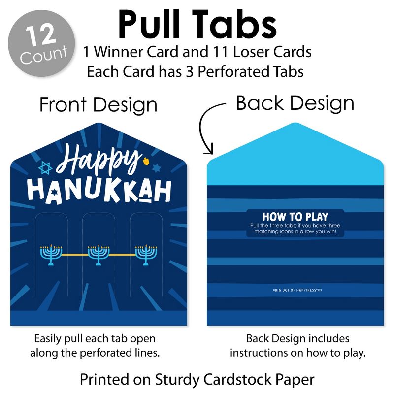 Big Dot of Happiness Hanukkah Menorah - Chanukah Holiday Party Game Pickle Cards - Pull Tabs 3-in-a-Row - Set of 12, 5 of 7