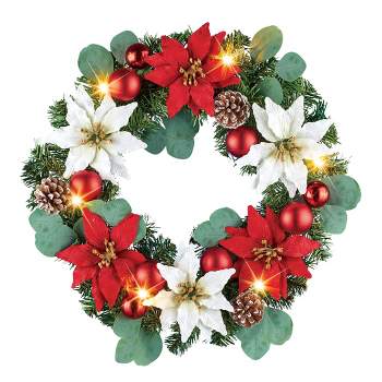 Collections Etc LED Lighted Poinsettia Ornament Wreath 18" x 5" x 18"