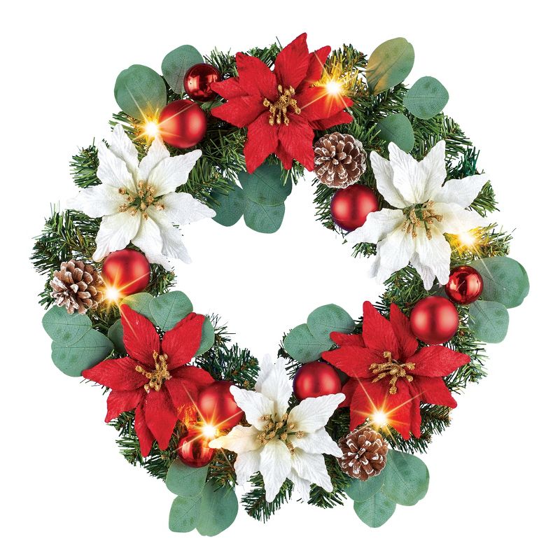 Collections Etc LED Lighted Poinsettia Ornament Wreath 18" x 5" x 18", 1 of 3