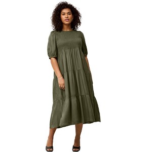 ellos Plus Size Short Sleeve Smocked Bodice Midi Dress - 1 of 4