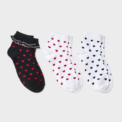 Women's Hearts Ruffled Valentine's Day 3pk Ankle Socks - Black/Red/White 4-10