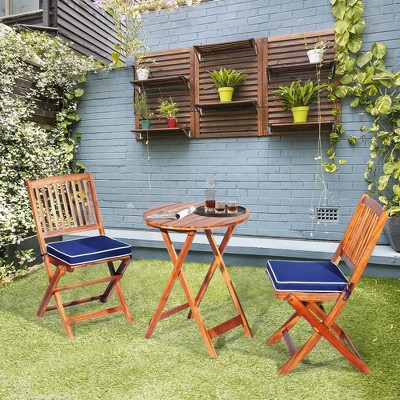 3-Piece Folding Acacia Wood Patio Bistro Set with Navy Cushions