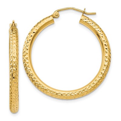 Black Bow Jewelry 3mm x 30mm, 14k Yellow Gold, Diamond-cut Round Hoop Earrings