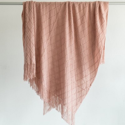 Pink Knitted Throw Blanket Set with Fringed Edges, 50x60 in