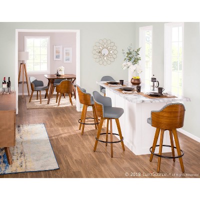 Modern Grey Swivel Counter Stool with Walnut Wood Frame