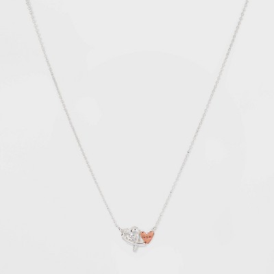 Silver Plated 'Mom' Double Heart Two-Tone Metal Cubic Zirconia Station Necklace - Rose Gold