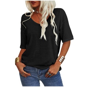 Imily Bela Women's Casual V Neck Half Sleeve Oversized T Shirt Solid Color Basic Top - 1 of 4