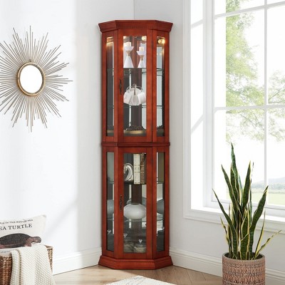 Okak Corner Curio Cabinet with Glass Doors and Adjustable Tempered Glass Shelves, Display Cabinet for Living Room, Kitchen
