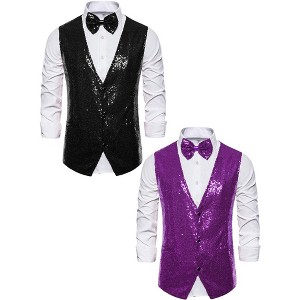 Lars Amadeus Men's Glitter Sequin Sleeveless Suit Vest Set with Bow Tie 2 Packs - 1 of 4