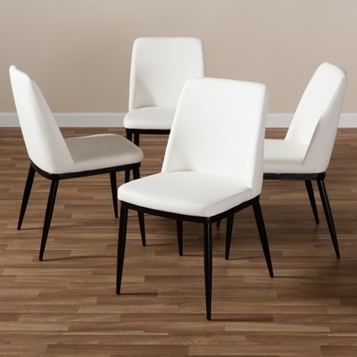 Set of 4 White Faux Leather Upholstered Dining Chairs with Black Metal Legs
