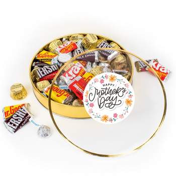 Mother's Day Chocolate Gift Tin - Plastic Tin with Candy Hershey's Kisses, Hershey's Miniatures & Reese's Peanut Butter Cups - By Just Candy