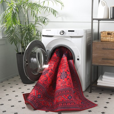 Red and Black Traditional Washable 4' x 6' Area Rug